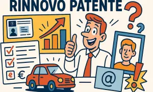 Rinnovo patente: uomo sorridente con pollice in su, grafico in crescita, auto, documenti e foto tessera.