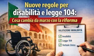 Novità per chi assiste un disabile: la riforma di marzo porta nuove regole su invalidità e Legge 104. Sedia a rotelle e Colosseo sullo sfondo.