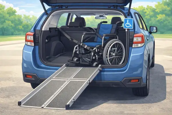 Auto blu con bagagliaio aperto e rampa per caricare una sedia a rotelle. Simbolo disabili sul retro.