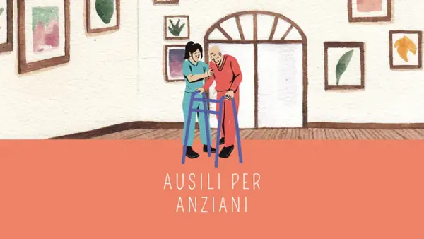 Assistente aiuta anziano con deambulatore. La domotica per anziani migliora la loro autonomia e sicurezza.